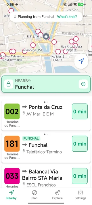 Screenshot of the Madeira Bus app showing bus stops on a street map of central Funchal, with the next scheduled departures listed below.